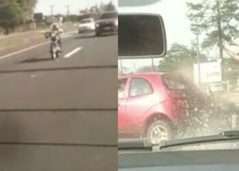 Motoqueiro faz manobra arriscada e acaba colidindo com carro; assista o vídeo