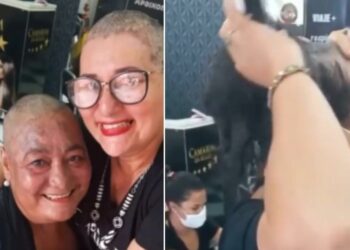 Cabeleireira raspa o cabelo em apoio a cliente em tratamento contra o câncer