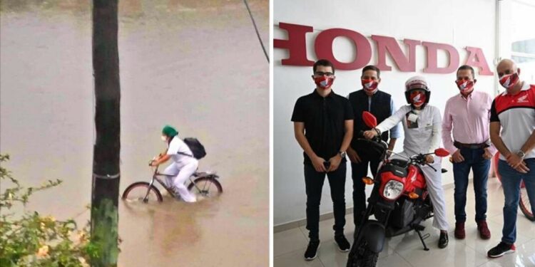 Enfermeira que atravessou enchente de bicicleta ganha motocicleta