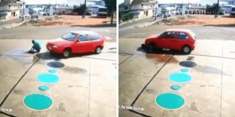 Carro passa por cima de frentista idoso em posto de combustível