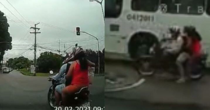 Casal escapa por um triz de ser atropelado por ônibus em alta velocidade em Manaus; assista o vídeo
