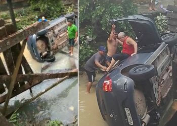 Carro despenca em igarapé ao tentar atravessar ponte de madeira