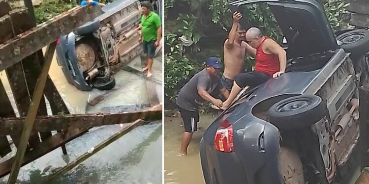 Carro despenca em igarapé ao tentar atravessar ponte de madeira