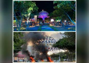 Criminosos incendeiam Bola das Letras, no Dom Pedro, e filmam ataques pela cidade