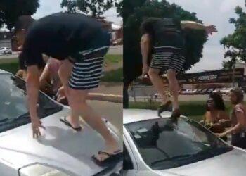 VÍDEO: Mulher tem carro pisoteado por homem descontrolado após leve colisão no trânsito