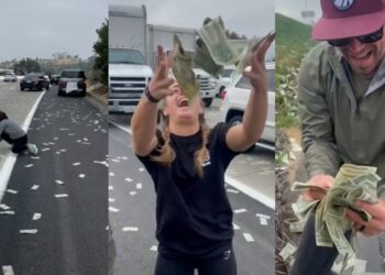 Rodovia fica coberta de dinheiro após porta de carro forte se abrir