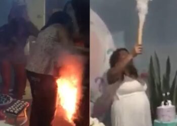 VÍDEO: Vestido de grávida pego fogo durante Chá Revelação