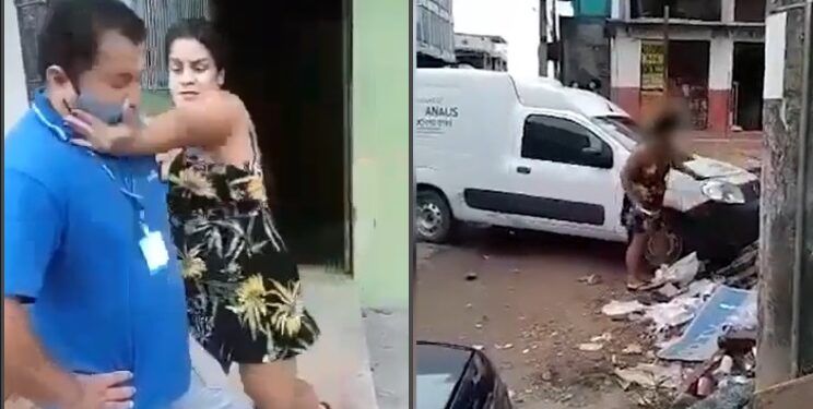 VÍDEO: Mulher dá tapa em funcionário da Águas de Manaus e depois quebra carro da empresa
