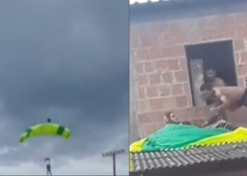 VÍDEO: Paraquedista perde controle e cai em telhado de casa no bairro União