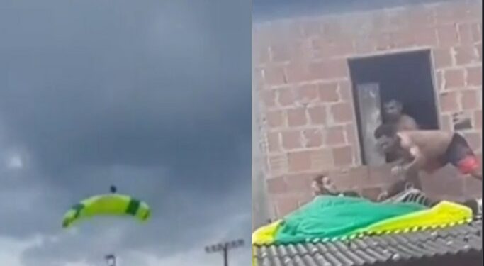 VÍDEO: Paraquedista perde controle e cai em telhado de casa no bairro União