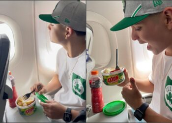 Menino viraliza ao postar foto comendo ovo com arroz em pote de detergente em voo
