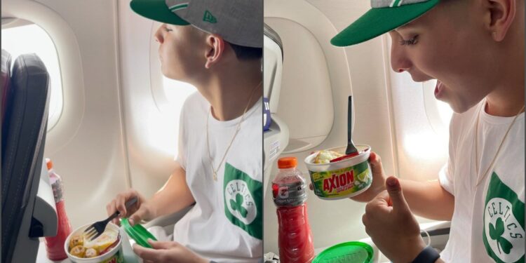 Menino viraliza ao postar foto comendo ovo com arroz em pote de detergente em voo