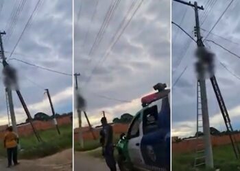 Homem recebe descarga elétrica e fica pendurado no poste de energia em Parintins