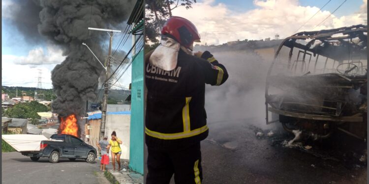 Micro-ônibus pega fogo com passageiros dentro, na zona Norte de Manaus