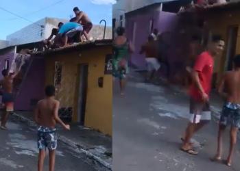 Vídeo: Com bicudas, suposto assaltante é jogado de telhado