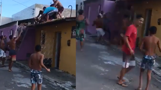 Vídeo: Com bicudas, suposto assaltante é jogado de telhado