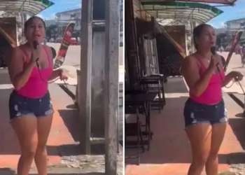 Vídeo: Chateada com caloteiros da rua, dona de bar manda aviso em alto e bom som com microfone