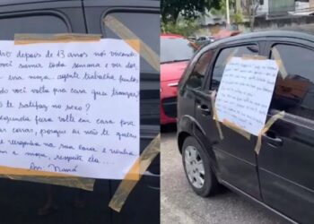 Mulher descobre traição e cola cartaz no carro do marido: ‘crie vergonha na cara’