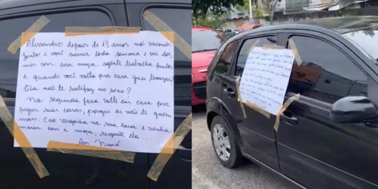 Mulher descobre traição e cola cartaz no carro do marido: ‘crie vergonha na cara’