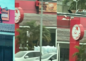 Sem EPI: Funcionária do Habib’s é colocada em risco ao ser flagrada limpando fachada