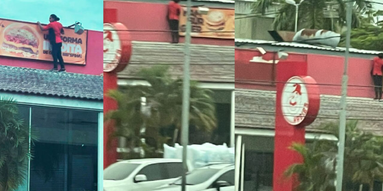 Sem EPI: Funcionária do Habib’s é colocada em risco ao ser flagrada limpando fachada
