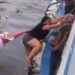 Vídeo: mulher “escala” barco para deixar Manaus rumo ao Festival de Parintins