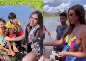 Nicole Bahls fica com pena de crianças de comunidade em Parintins e distribui ‘red bull’; vídeo