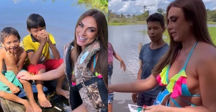 Nicole Bahls fica com pena de crianças de comunidade em Parintins e distribui ‘red bull’; vídeo