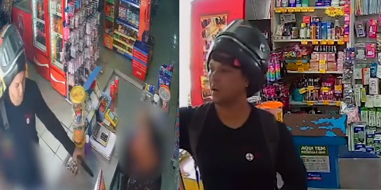 Em Manaus, motoqueiro entra em mercadinho, finge ser cliente e aponta o ‘trezoitão’
