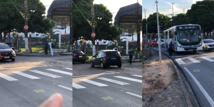 Motorista da linha 359 sai do ônibus para ajudar deficiente visual a atravessar a rua em Manaus
