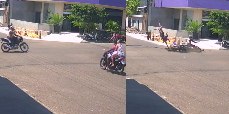 Vídeo mostra grave acidente entre mototaxista e homem com mulher e garoto na garupa