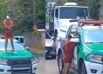 Vídeo: mulher sobre em viatura da PM e faz escândalo na Compensa