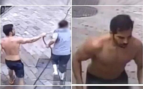 Homem agride e joga água em faxineira que lavava calçada de prédio; veja vídeo