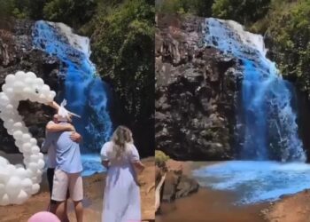 Casal é criticado ao utilizar corante em cachoeira para fazer chá revelação; veja o vídeo