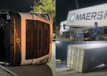 Vídeo: Motorista tomba com carreta na Bola da Gilete e fica ferido