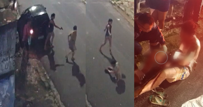 Vídeo mostra mulher e comparsas jogando homem e disparando vários tiros nele em Manaus
