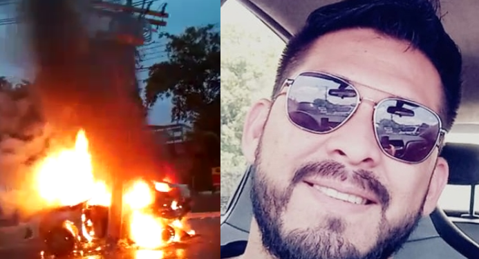Motorista de app colide em poste e morre carbonizado no Distrito Industrial; vídeo