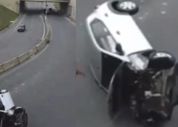 Veículo perde o controle e capota em viaduto de Manaus