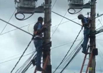 Vídeo: homem ‘pega fogo’ em poste elétrico, desmaia e sobrevive