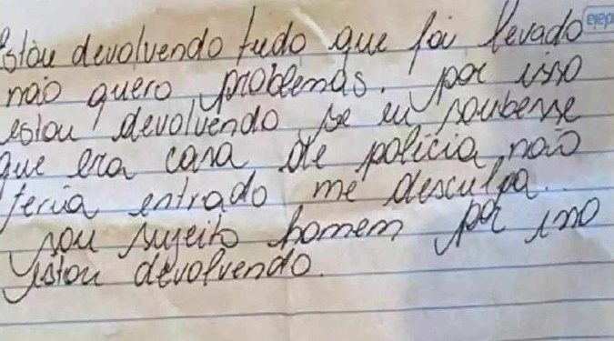 Ladrão rouba casa de delegado e manda bilhete arrependido: ‘sou sujeito homem’
