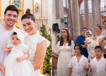 Vivian Amorim batiza Malu em igreja no Centro de Manaus junto com os priminhos