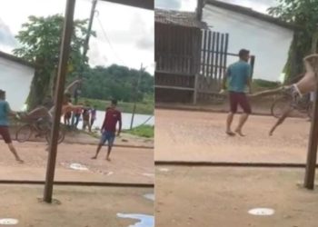 Jovem tenta dar ‘voadora’ em rival, cai, bate com a cabeça e desmaia no AM; veja vídeo
