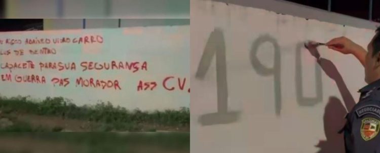 Vídeo: PMs pintam muro com 190 para cobrir ameaça pichada por criminosos no AM