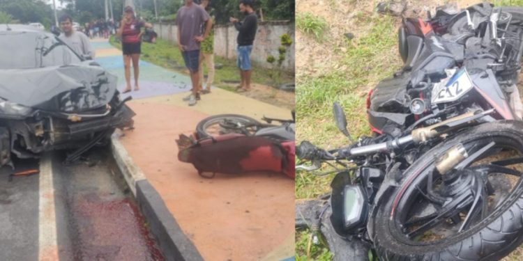 Mulher perde o controle de carro e atropela dois motoqueiros em Manaus