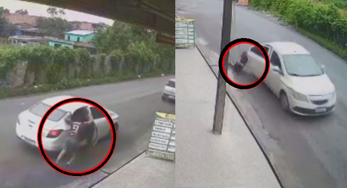Vídeo mostra momento que vítima de sequestro se joga de carro em movimento em Manaus; veja