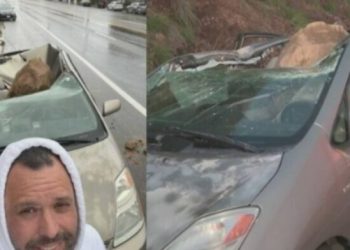 Homem sai de carro para falar ao telefone e veículo é esmagado por rocha gigante bem na hora