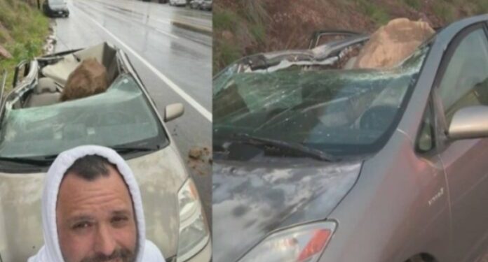 Homem sai de carro para falar ao telefone e veículo é esmagado por rocha gigante bem na hora