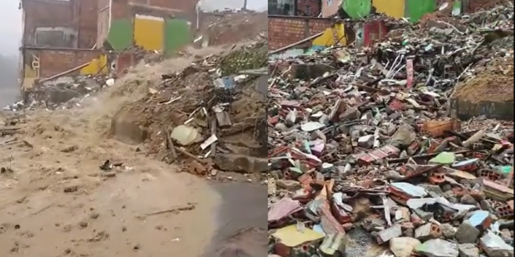 No bairro da Paz, avalanche de entulho invade casas e interdita rua