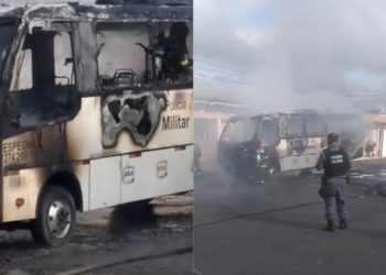 Vídeos: ônibus da PM é alvo de atentado e é incendiado por criminosos em Manaus