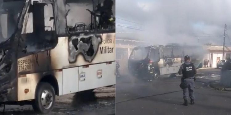 Vídeos: ônibus da PM é alvo de atentado e é incendiado por criminosos em Manaus